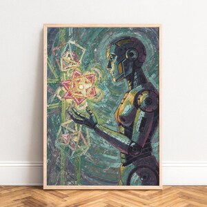 Poster, hedendaagse sciencefictionrobot, pasteuze impasto-textuur, turquoise kleurenpalet, heldere geometrische bloem, kalme energie