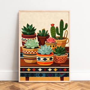 Poster Sukkulenten und Kakteen,  Southwestern Boho Pflanzen-Print,  Bunte Terrakotta Töpfe,  Geometrische Übertöpfe,  Wüsten Tischdeko