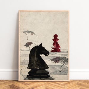 Poster met aquarel schaakspel, zwarte ridder en rode pion, vintage beige papier, inkt, strategisch minimalistisch, kunstprint voor aan de muur