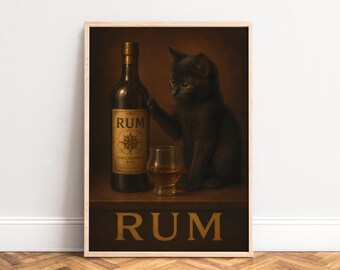 Rum Poster, Vintage Cat Wall Art, Dark Brown, Living Room Bar Decor, Rum Lover Gift 50x70