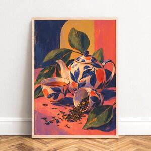 Teapot Poster, Vintage Still Life Art, Orange Blue, Kitchen Dining Wall Art, Gift A2 A1