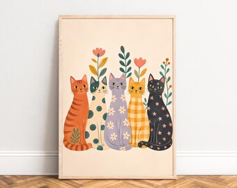 Cat Poster, Boho Animal Illustration, Pastel, Nursery Living Room Wall Art, Gift for Cat Lover