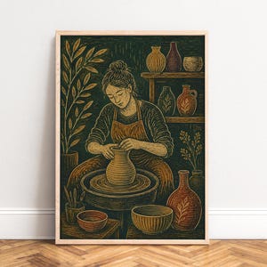 May include: A framed art print featuring a linocut-style illustration of a potter shaping a clay vessel on a wheel. The scene includes shelves with various ceramic vases and bowls, a potted plant, and warm earth tones of brown, gold, and dark green.