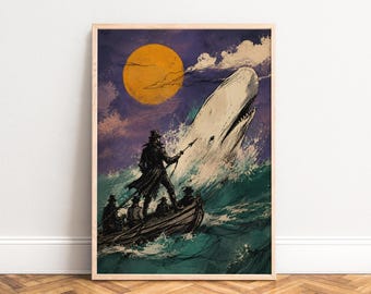 Moby Dick Poster, Vintage Sea Art, Purple Green, Living Room Office, Gift for Literature Fans A1/A2/A3