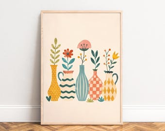 Flower Vase Poster, Retro Boho Wall Art, Beige Pastel, Living Room Kitchen Office, Plant Lover Gift A1/A2/A3/A4