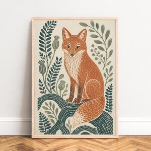 Fox Poster, Vintage Botanical Wall Art, Green and Rust, Living Room Nursery, Gift for Animal Lovers A3 A4