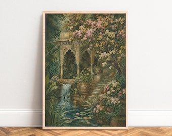 Garden Pavilion Poster, Victorian Landscape Art, Green Pink, Living Room Wall Art, Garden Gift A1/A2/A3/A4