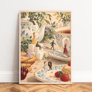 May include: A framed art print featuring a whimsical scene of miniature people interacting with a large floral teapot, teacup, sugar cubes, a silver spoon, stacked cookies, fresh cherries, and raspberries on a patterned porcelain saucer.
