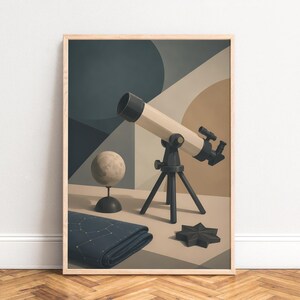 May include: A framed wall art print featuring a beige telescope on a black tripod, a small spherical moon model on a stand, a folded dark blue fabric with white constellation patterns, and a black star-shaped object against a geometric background.