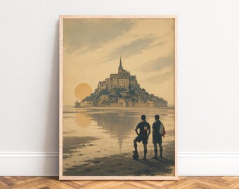 Mont Saint-Michel Poster, Vintage Travel Wall Art, Beige Gold, Living Room Office, France Gift 50x70
