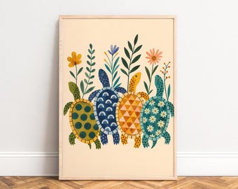 Turtle Poster, Boho Animal Wall Art, Beige Green Blue, Nursery Living Room, Gift for Animal Lovers A3 A4