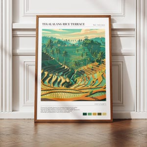 Könnte beinhalten: Ein gerahmter Kunstdruck der Tegalalang-Reisterrasse in Bali, Indonesien. Das Kunstwerk zeigt geschichtete Reisfelder in Grün-, Gelb- und Orangetönen, mit Palmen und blauem Himmel. Der Druck enthält den Text "Tegalalang Rice Terrace" und "Bali, Indonesia".