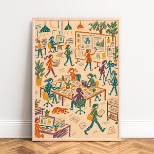 Könnte beinhalten: Ein gerahmter Kunstdruck mit einer farbenfrohen Illustration im Wachsmalstift-Stil, die eine geschäftige Büroumgebung zeigt. Die Szene stellt mehrere Personen dar, die an Schreibtischen arbeiten, an einem großen Tisch zusammenarbeiten und präsentieren.
