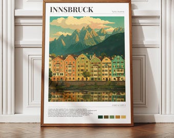 Poster Innsbruck - Alpine travel illustration, colorful riverside houses, vintage pastel mountain print, UNFRAMED