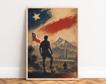 Chile Football Poster, Retro Travel Print, Beige Red Blue, Living Room Office, Gift for Football Fans A1/A2/A3/A4