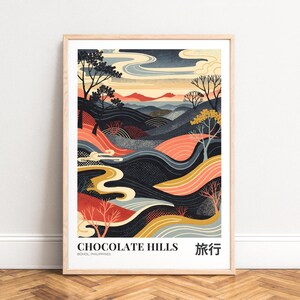 Travel Poster - Chocolate Hills Bohol, Graphic Landscape Illustration, Coral Navy Mustard Palette, UNFRAMED