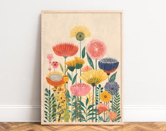 Floral poster,  colorful modern botanical art,  whimsical pastel flowers in yellow pink teal,  boho-inspired wall art print,  vintage