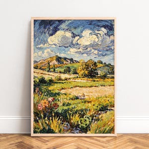 Poster,  Impression Stil,  lebendige Sommerfarben,  idyllische Landschaft,  wirbelnde Wolken,  rustikale Stimmung,  Kunstdruck Wanddekos