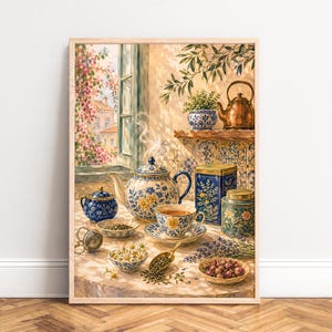 May include: A vertical art print depicting a tea scene with a blue and white floral teapot, matching teacup, sugar bowl, and tea strainer. The table features loose tea leaves, dried flowers, a blue tin, and a copper kettle on a shelf.