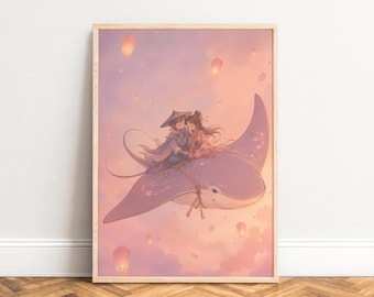 May include: A framed art print depicts a couple riding a stylized manta ray through a pink and orange sky. The couple is dressed in traditional Asian attire. Floating lanterns and a soft, dreamy aesthetic create a romantic scene.