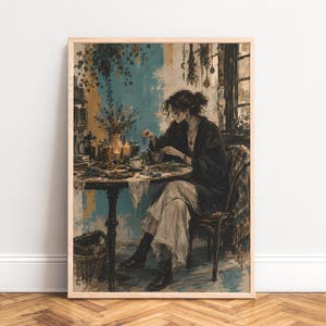 May include: A framed art print depicting a person in a dark robe and light skirt sitting at a round table. The table holds a cup, jars, and herbs. The background features a blue wall, hanging plants, and a window. The scene is rendered in a painterly style with muted tones and visible brushstrokes.