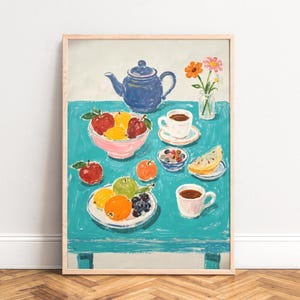 Poster di natura morta per la colazione, pittoresco e colorato stile rustico, tavolo turchese, frutta e teiera, stampa artistica da cucina, accogliente regalo artistico, A1/A2/A3/A4
