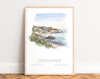 Costa Adeje Poster - Tenerife Coastal Watercolor Print, Canary Islands Sea View Wall Art, Beach Cliffside Decor, Travel Gift, UNFRAMED