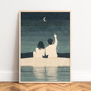 Poster romantisches Paar am Mond in Petrol und Creme minimalistische Illustration Sterne Lichterkette ruhig modernes Wandbild Druck
