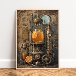 Peut inclure: Une impression d'art encadrée représentant un appareil de style steampunk avec des tuyaux en cuivre, des engrenages et un bol en verre rempli d'un liquide orange et de tranches d'agrumes. Le fond présente des étiquettes vintage avec le texte "Orange Elixir" et "Creativity".