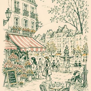 Puede incluir: Una ilustraci&oacute;n detallada de una escena callejera parisina con una florister&iacute;a de toldo a rayas, una cafeter&iacute;a en la acera y una fuente central. Un letrero muestra el texto FLEURS, Tulipes, Pivoines, Lavande en tinta verde oscuro.