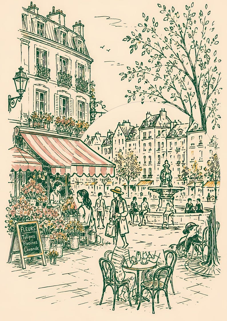 Puede incluir: Una ilustraci&oacute;n detallada de una escena callejera parisina con una florister&iacute;a de toldo a rayas, una cafeter&iacute;a en la acera y una fuente central. Un letrero muestra el texto FLEURS, Tulipes, Pivoines, Lavande en tinta verde oscuro.