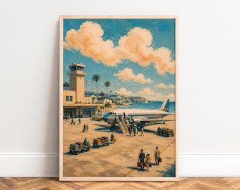 Airport Poster, Vintage Travel Wall Art, Blue Beige, Living Room Office, Gift for Travelers A1/A2/A3/A4