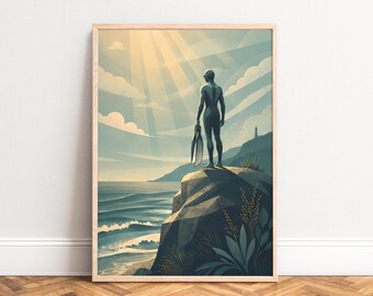 Surfer Poster, Retro Surf Wall Art, Blue Coast, Living Room Decor, Gift for Beach Fans A1/A2/A3/A4