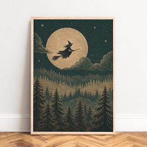 May include: A framed vertical wall art print featuring a dark green forest landscape with rolling hills under a large, textured beige full moon. A silhouette of a witch on a broomstick flies across the moon, surrounded by clouds and stars.