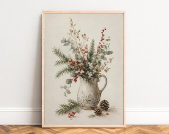 Winter Floral Poster, Vintage Botanical Wall Art, Cream Red, Living Room Kitchen, Housewarming Gift 50x70