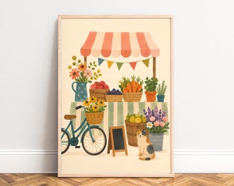 Farmers Market Poster, Boho Illustration, Pastel Colors, Kitchen Living Room Wall Art, Garden Gift A3/A4