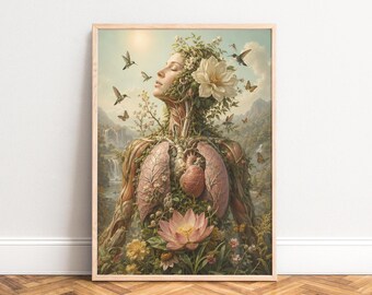 Flower Woman Poster, Surreal Nature Art, Soft Green, Living Room Wall Art, Gift for Art Lovers