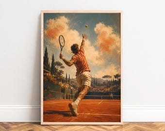 Tennis Poster, Retro Sports Wall Art, Orange Blue, Living Room Office, Gift for Tennis Fans A1/A2/A3/A4