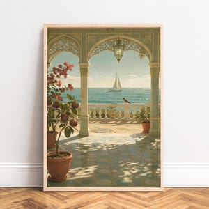 Poster Terrasse Meeresblick,  Segelboot auf türkisfarbenem Ozean,  gefliester Balkon mit Laterne und Feigenbaum,  mediterrane Wandkunst