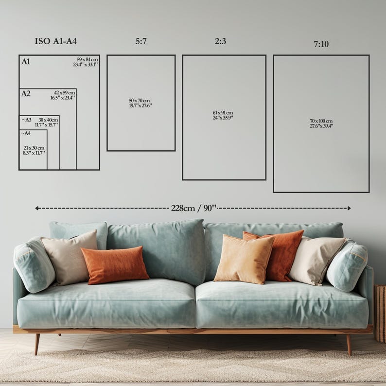 May include: A wall with framed art size guides, including ISO A1-A4 and 5:7, 2:3, and 7:10 ratios. The image shows measurements in inches and centimeters. A light blue sofa with orange and beige pillows sits below the wall.