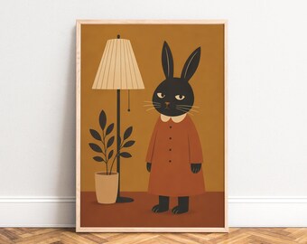 Cat Poster, Vintage Illustration, Mustard Brown, Living Room Nursery, Cat Lover Gift A1/A2/A3/A4