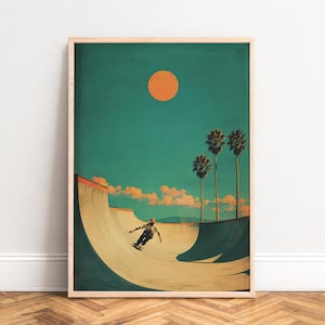 May include: A framed print depicts a skateboarder in a skatepark bowl under a teal sky with an orange sun and palm trees. The artwork has a vintage, retro aesthetic with a warm color palette.