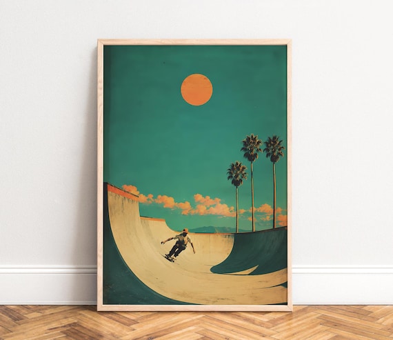 Skateboard Poster, Retro Surf Style, Türkis Orange, Wohnzimmer und Spielzimmer Wandkunst, Geschenk für Skater A1/A2/A3/A4