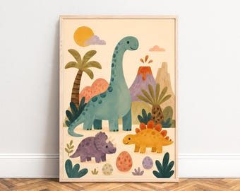 Dinosaur Poster, Kids Wall Art, Boho Pastel, Nursery Decor, Gift for Children A1 A2 A3 A4