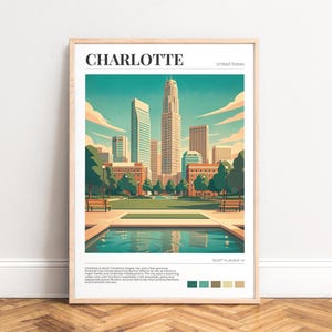 Charlotte skyline poster - city park travel print - teal beige vintage wall art - North Carolina architectural cityscape decor, UNFRAMED