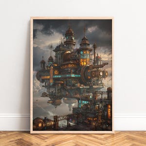 Op de afbeelding: Een ingelijste print van een steampunk stad die in de lucht zweeft. Het kunstwerk toont een complexe structuur met meerdere torens, tandwielen en lichten. Het kleurenpalet omvat tinten bruin, blauwgroen en goud, tegen een bewolkte lucht.