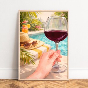 Poster,  Pool-Wein Szene,  tropischer Resort-Stil,  hellblaues Wasser,  Sommer-Cocktail Illustration,  Strohhut Sonnenbrille Druck Kunst