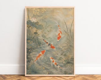 Koi Fish Poster, Japandi Zen Wall Art, Beige Green Orange, Living Room Office, Japan Gift A1 A2 A3 A4