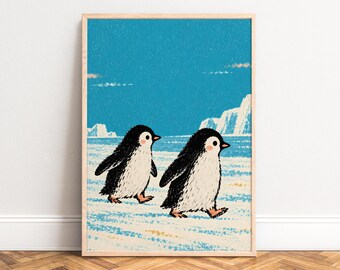 May include: A framed art print featuring two black and white penguins with pink cheeks walking across a textured white and blue icy landscape under a bright blue sky with distant white icebergs in the background.