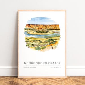 Poster Ngorongoro Crater - watercolor travel art, minimal design, ochre & blue palette, UNFRAMED